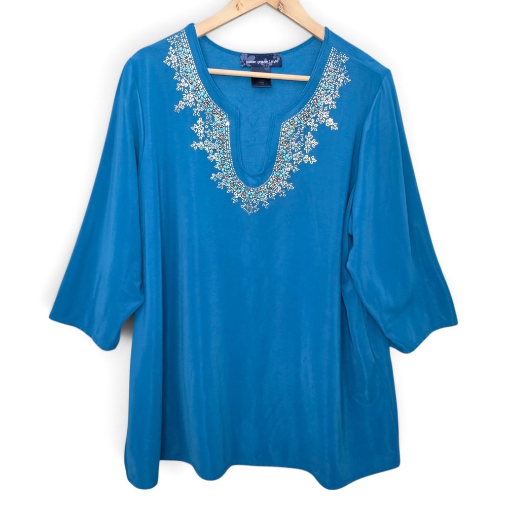 Susan Graver Blouse Womens 2X Teal Blue Embellished Beaded Split V-Neck Knit Top